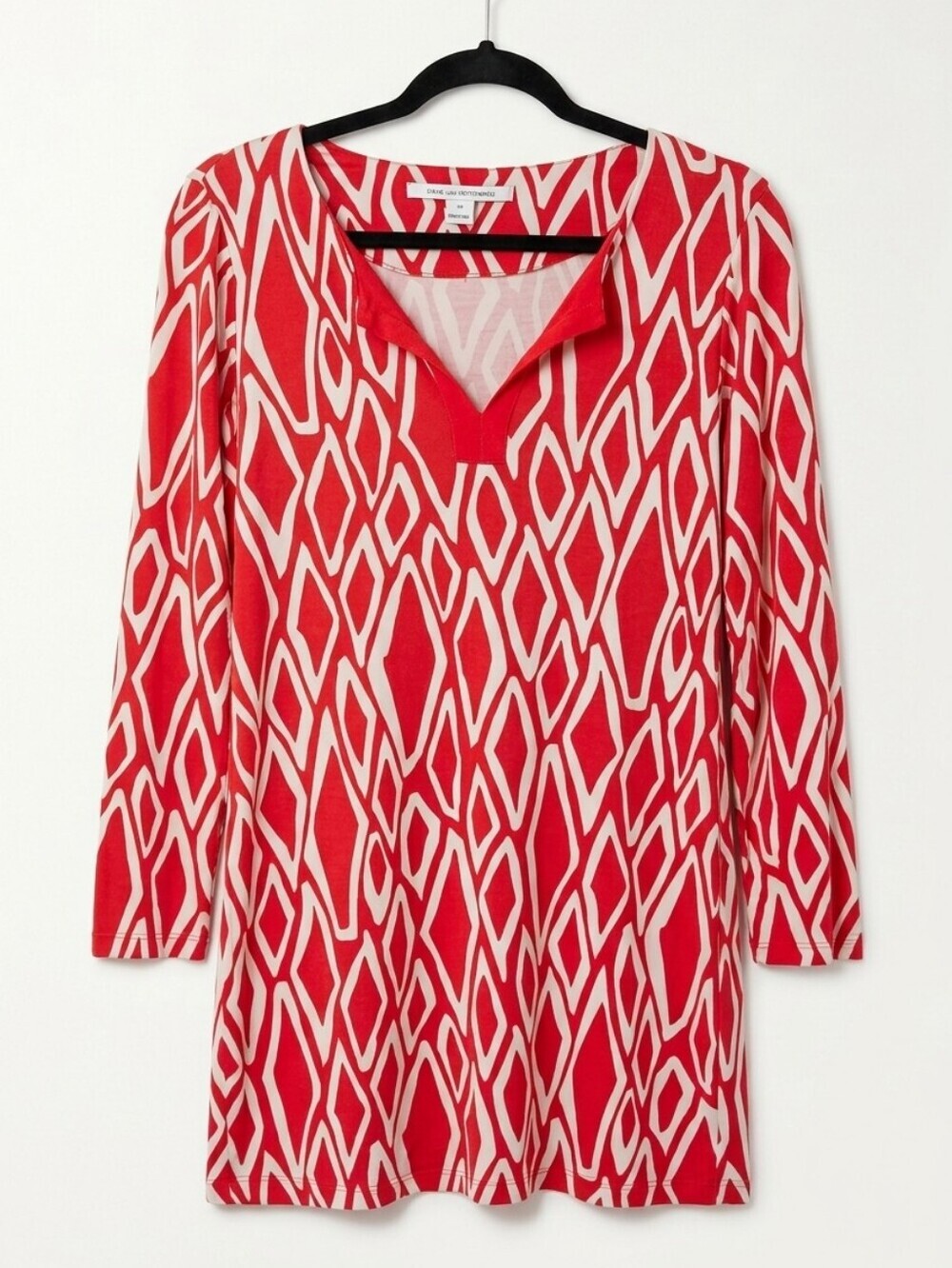 Diane Von Furstenberg Red and Cream Geometric Long-Sleeve V-Neck Dress